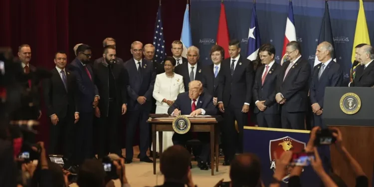 Donald Trump speaking to Latin American leaders about cartel security strategy- AP Photo/Rebecca Blackwell