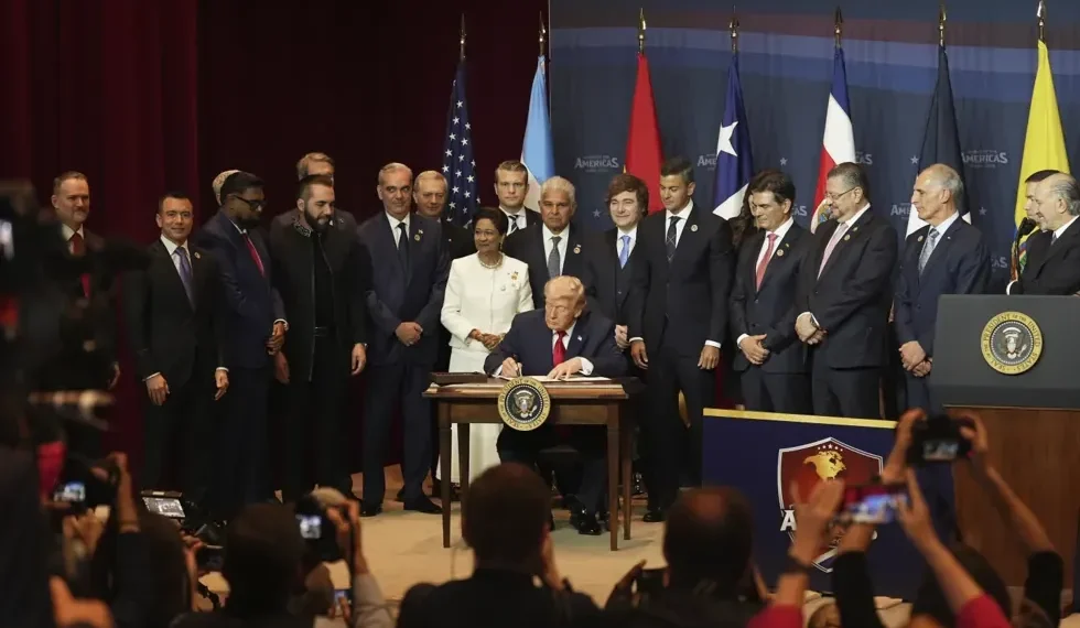 Donald Trump speaking to Latin American leaders about cartel security strategy- AP Photo/Rebecca Blackwell