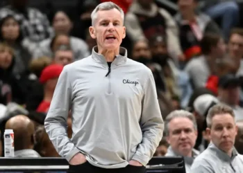Billy Donovan coaching Chicago Bulls during NBA game on sidelines - AP Photo/John Mcdonnell