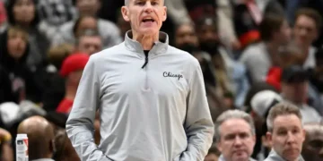 Billy Donovan coaching Chicago Bulls during NBA game on sidelines - AP Photo/John Mcdonnell