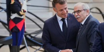 Macron and Salam meeting in Paris over Lebanon ceasefire talks - AP Photo/Michael Euler