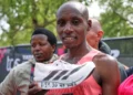 Sebastian Sawe crossing finish line breaking two hour marathon barrier - AP Photo/ian Walton