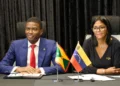 Delcy Rodríguez wearing disputed Essequibo map pin during official visit - AP Photo/Haron Forteau