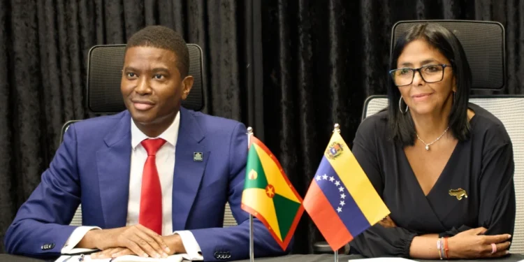 Delcy Rodríguez wearing disputed Essequibo map pin during official visit - AP Photo/Haron Forteau