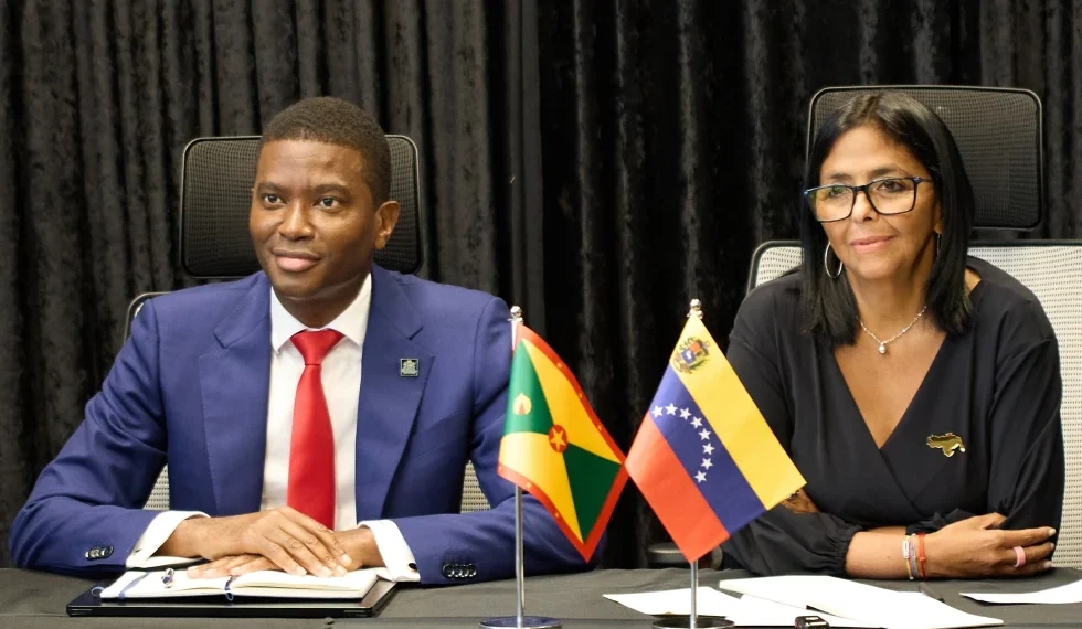 Delcy Rodríguez wearing disputed Essequibo map pin during official visit - AP Photo/Haron Forteau