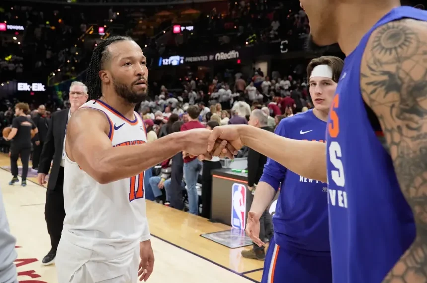 Jalen Brunson celebrates during Knicks playoff win over Cavaliers - AP Photo/Sue Ogrocki