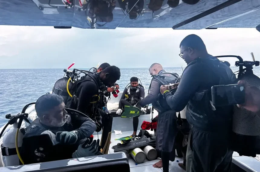Rescue divers preparing for underwater cave search operations in the Maldives - Maldives, President Media Division via AP
