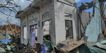 Damaged buildings after deadly explosives blast in northeastern Myanmar - Palaung Land via AP