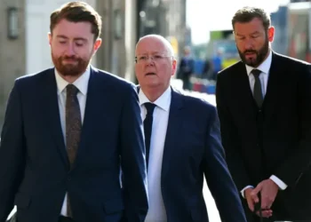 Peter Murrell arrives at court in Edinburgh during embezzlement proceedings - Jane Barlow/PA via AP