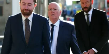 Peter Murrell arrives at court in Edinburgh during embezzlement proceedings - Jane Barlow/PA via AP
