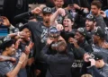 Victor Wembanyama celebrates after Spurs clinch Western Conference title - AP Photo/nate Billings