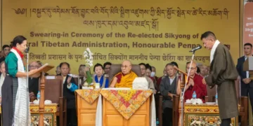 Penpa Tsering attends swearing-in ceremony in Dharamshala with the Dalai Lama - AP Photo/ Shailesh Bhatnagar
