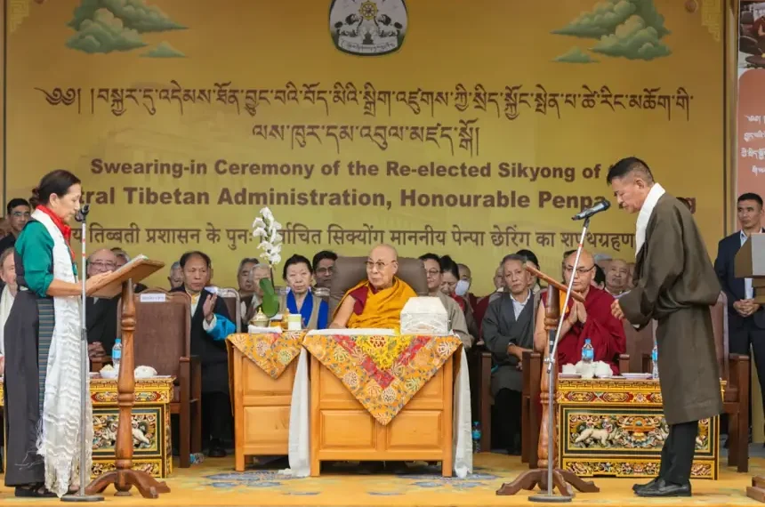 Penpa Tsering attends swearing-in ceremony in Dharamshala with the Dalai Lama - AP Photo/ Shailesh Bhatnagar