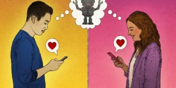 Person using AI chatbot while chatting on a dating application - AP Illustration / Peter Hamlin