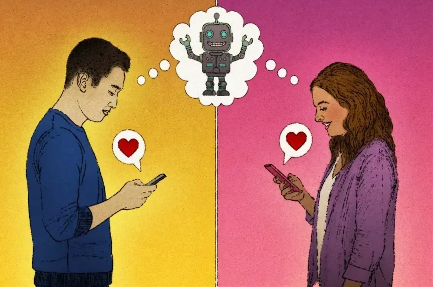 Person using AI chatbot while chatting on a dating application - AP Illustration / Peter Hamlin