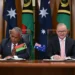 Australian and Vanuatu leaders sign bilateral security agreement in Canberra. - Lukas Coch/AAP Image via AP