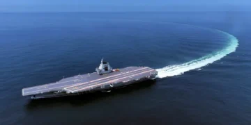 China's Fujian aircraft carrier transiting the Taiwan Strait - Ding Ziyu/Xinhua via AP