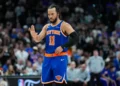 Jalen Brunson celebrates after Knicks clinch NBA championship - AP Photo/Ross D. Franklin
