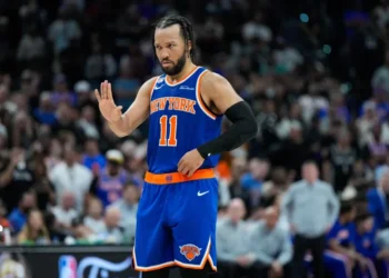 Jalen Brunson celebrates after Knicks clinch NBA championship - AP Photo/Ross D. Franklin