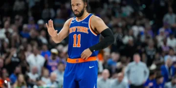 Jalen Brunson celebrates after Knicks clinch NBA championship - AP Photo/Ross D. Franklin