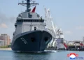 North Korea's Choe Hyon destroyer during naval commissioning ceremony - Korean Central Agency/Korea News Service via AP