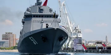 North Korea's Choe Hyon destroyer during naval commissioning ceremony - Korean Central Agency/Korea News Service via AP