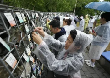 Korean adoptees place name tags at memorial wall in Paju - AP Photo/Ahn Young-joon