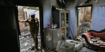 Fire-damaged nursing home building in Sri Lanka after deadly blaze - AP Photo