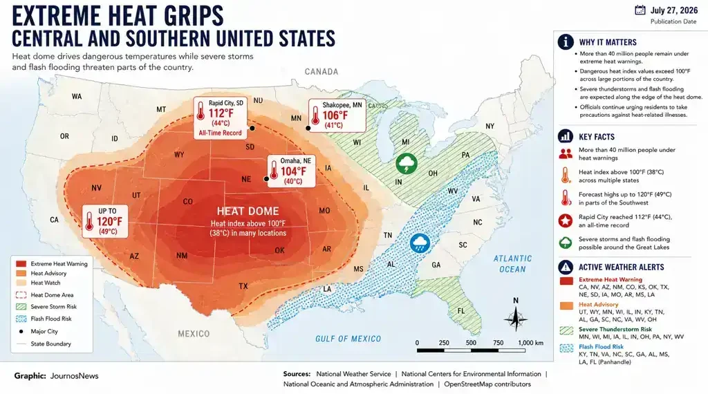 Map showing the extreme heat dome across the central and southern United States, highlighting heat warnings, severe storm risks, flash flood areas, and forecast temperatures.