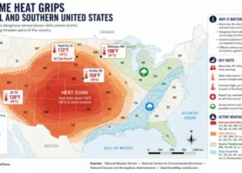 Map showing the extreme heat dome across the central and southern United States, highlighting heat warnings, severe storm risks, flash flood areas, and forecast temperatures.