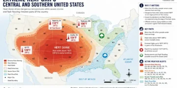 Map showing the extreme heat dome across the central and southern United States, highlighting heat warnings, severe storm risks, flash flood areas, and forecast temperatures.