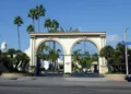 The Melrose Gate entrance to the Paramount Pictures studio lot in Hollywood, Los Angeles, California.
