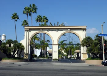 The Melrose Gate entrance to the Paramount Pictures studio lot in Hollywood, Los Angeles, California.