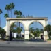 The Melrose Gate entrance to the Paramount Pictures studio lot in Hollywood, Los Angeles, California.