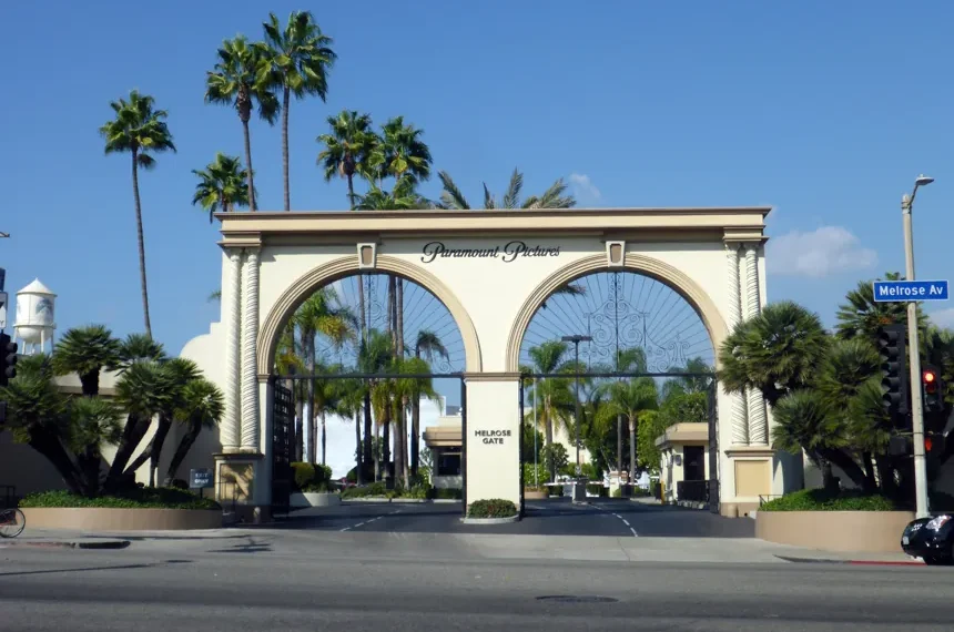 The Melrose Gate entrance to the Paramount Pictures studio lot in Hollywood, Los Angeles, California.