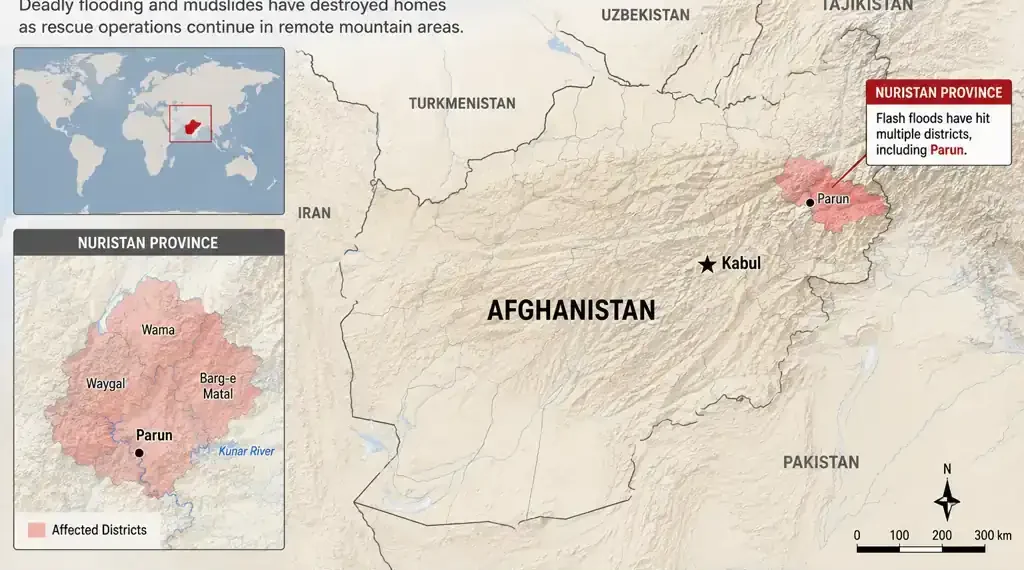 Locator map showing Nuristan Province in northeastern Afghanistan, highlighting flood-affected districts and the provincial capital of Parun following flash floods.