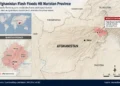 Locator map showing Nuristan Province in northeastern Afghanistan, highlighting flood-affected districts and the provincial capital of Parun following flash floods.