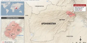 Locator map showing Nuristan Province in northeastern Afghanistan, highlighting flood-affected districts and the provincial capital of Parun following flash floods.