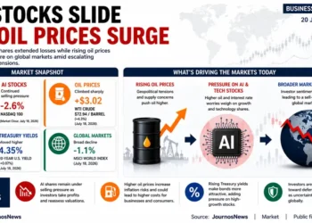 Business infographic showing AI stock declines, rising oil prices, and key market drivers affecting global financial markets. – Image Graphic/JournosNews (File)