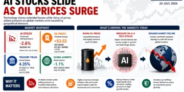 Business infographic showing AI stock declines, rising oil prices, and key market drivers affecting global financial markets. – Image Graphic/JournosNews (File)