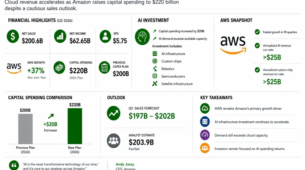 Business dashboard showing Amazon's second-quarter 2026 financial highlights, AWS growth, AI investment plans, capital spending, and business outlook.