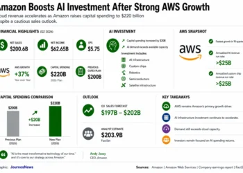 Business dashboard showing Amazon's second-quarter 2026 financial highlights, AWS growth, AI investment plans, capital spending, and business outlook.