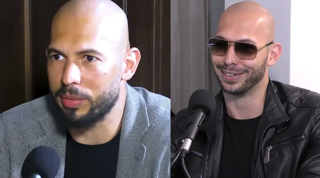 Editorial composite showing Andrew Tate in two separate interview appearances from the "Anything Goes With James English" podcast.