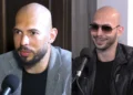 Editorial composite showing Andrew Tate in two separate interview appearances from the "Anything Goes With James English" podcast.