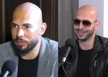 Editorial composite showing Andrew Tate in two separate interview appearances from the "Anything Goes With James English" podcast.
