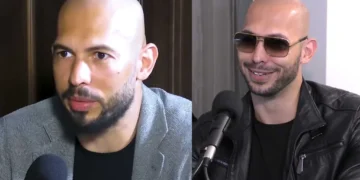 Editorial composite showing Andrew Tate in two separate interview appearances from the "Anything Goes With James English" podcast.