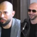 Editorial composite showing Andrew Tate in two separate interview appearances from the "Anything Goes With James English" podcast.