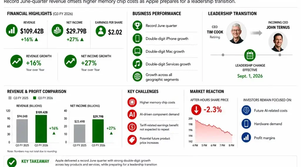 Business dashboard showing Apple's fiscal third-quarter 2026 financial results, iPhone and Mac sales growth, leadership transition, market reaction, and key business metrics.
