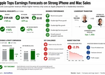 Business dashboard showing Apple's fiscal third-quarter 2026 financial results, iPhone and Mac sales growth, leadership transition, market reaction, and key business metrics.
