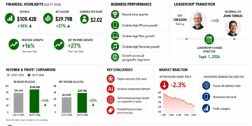 Business dashboard showing Apple's fiscal third-quarter 2026 financial results, iPhone and Mac sales growth, leadership transition, market reaction, and key business metrics.